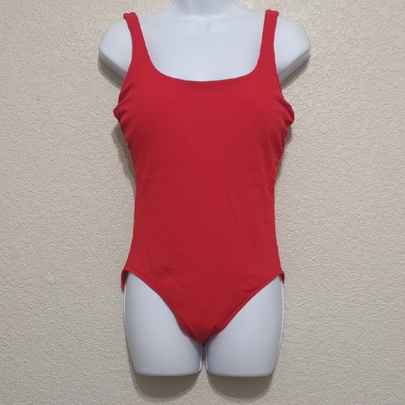 Athleta bright red one piece low back ribbed swimsuit - Picture 2 of 8